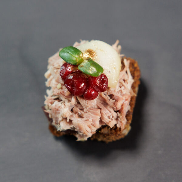 Tapas su plėšyta antiena ir karamelizuotasi svogūnais